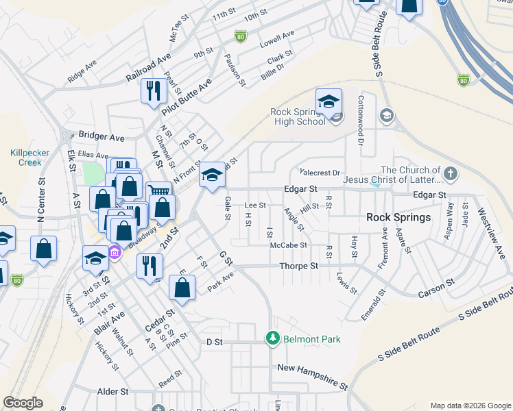 map of restaurants, bars, coffee shops, grocery stores, and more near 321 H Street in Rock Springs