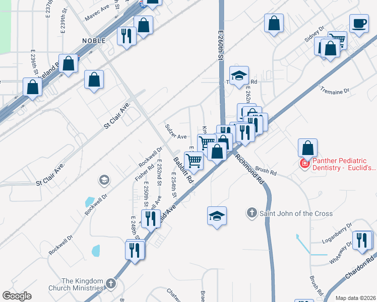 map of restaurants, bars, coffee shops, grocery stores, and more near 1554 East 256th Street in Euclid