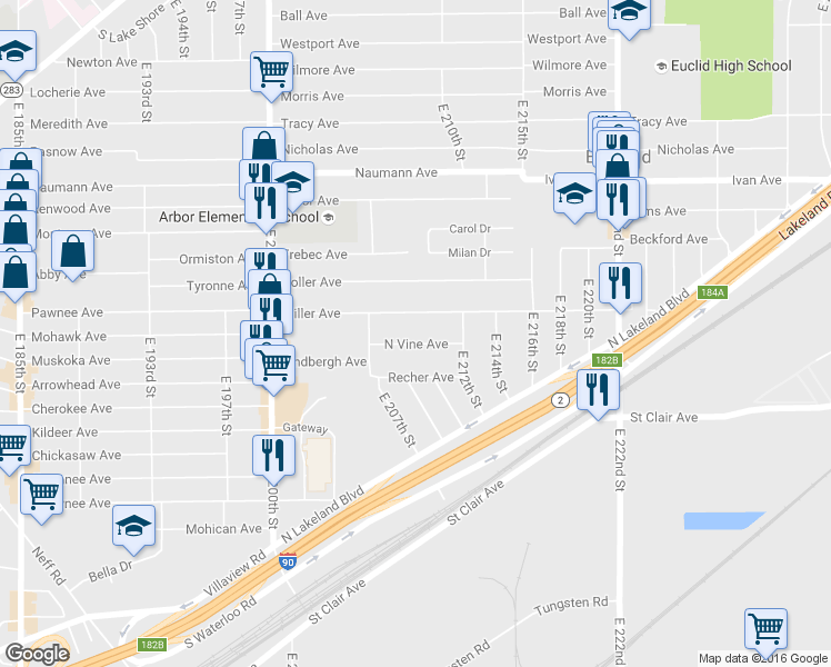 map of restaurants, bars, coffee shops, grocery stores, and more near 21020 North Vine Avenue in Euclid