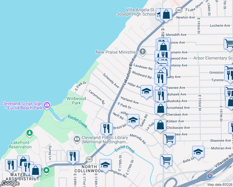 map of restaurants, bars, coffee shops, grocery stores, and more near in Cleveland