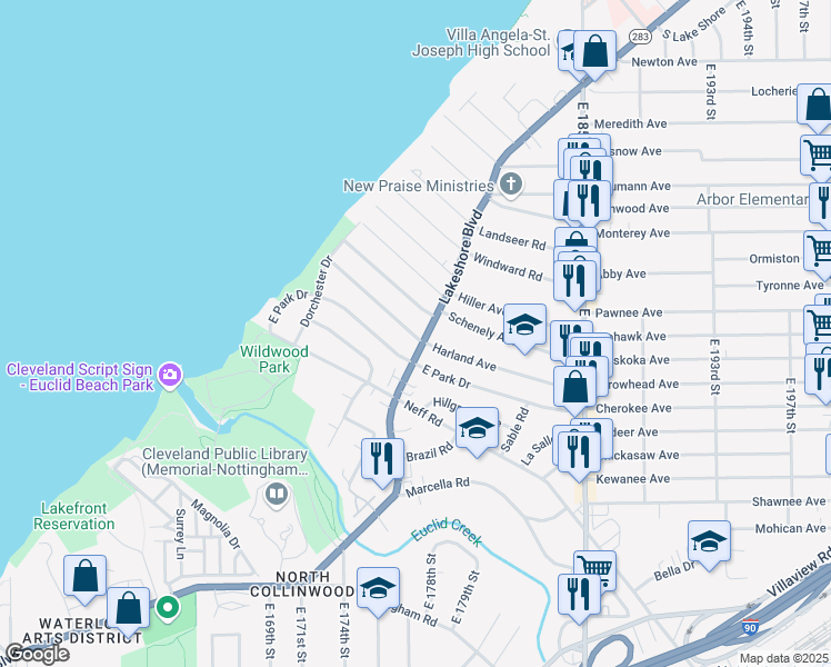 map of restaurants, bars, coffee shops, grocery stores, and more near in Cleveland