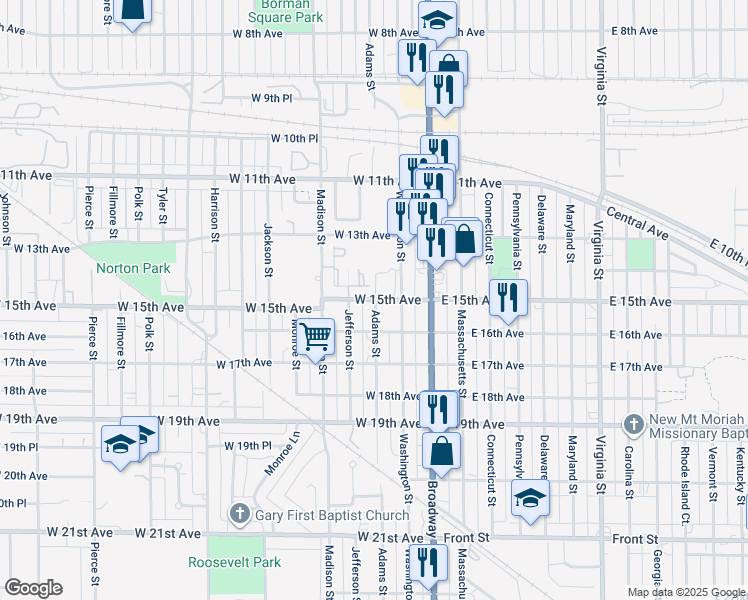 map of restaurants, bars, coffee shops, grocery stores, and more near 1500 Washington Street in Gary
