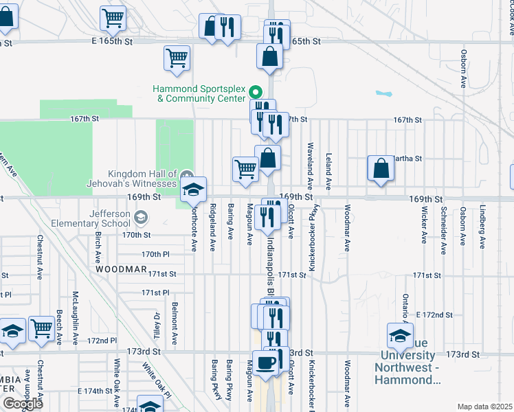 map of restaurants, bars, coffee shops, grocery stores, and more near 6927 Magoun Ave in Hammond