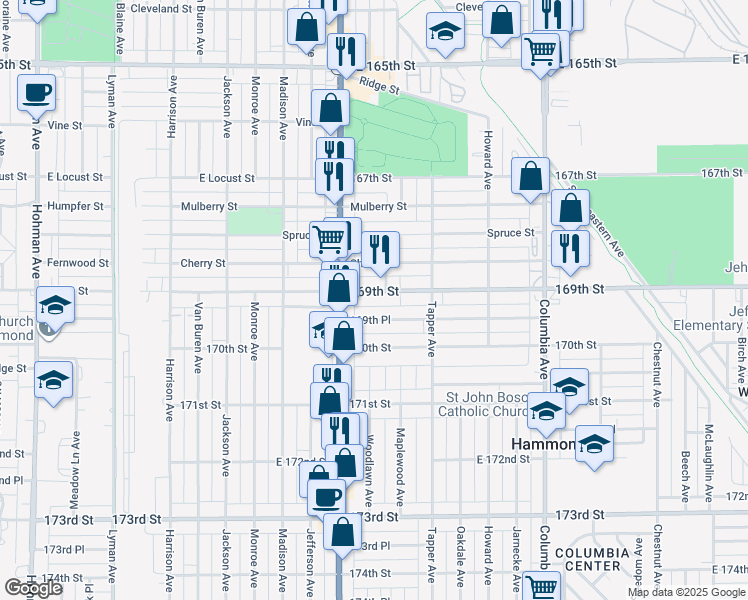 map of restaurants, bars, coffee shops, grocery stores, and more near 845 169th Place in Hammond