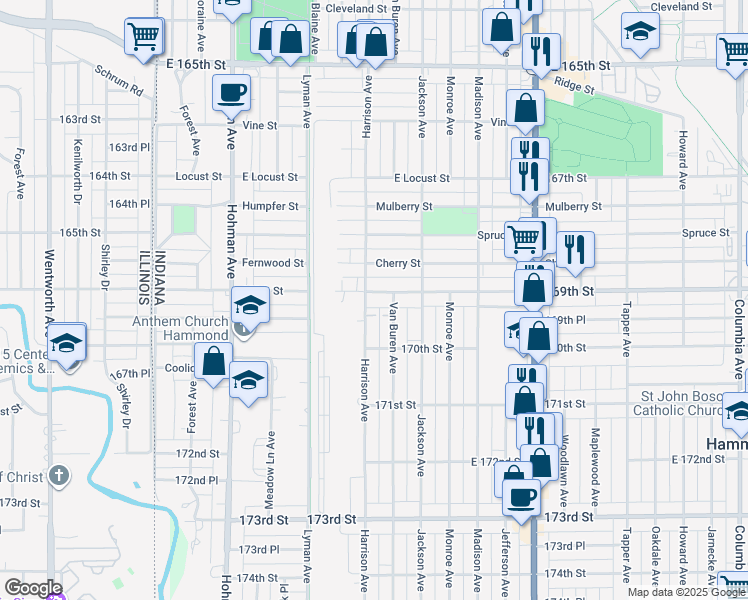 map of restaurants, bars, coffee shops, grocery stores, and more near 6921 Harrison Avenue in Hammond
