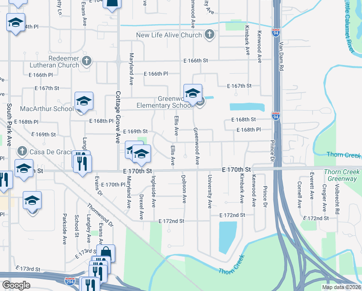 map of restaurants, bars, coffee shops, grocery stores, and more near 16927 Ellis Avenue in South Holland