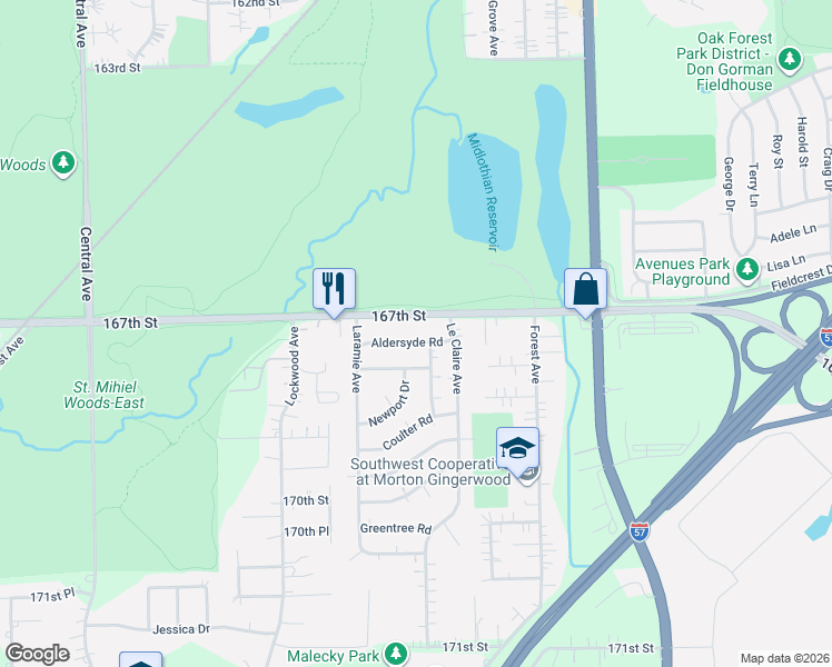 map of restaurants, bars, coffee shops, grocery stores, and more near 16724 Meadowdale Drive in Oak Forest