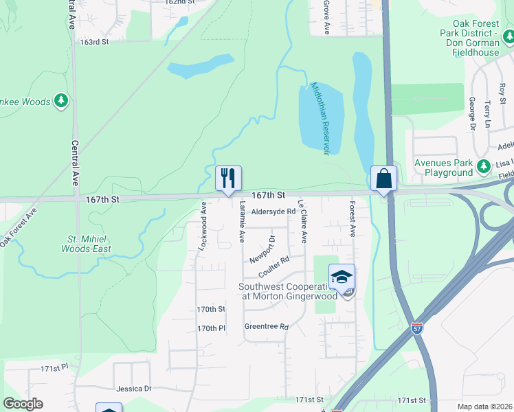 map of restaurants, bars, coffee shops, grocery stores, and more near 5161 Aldersyde Road in Oak Forest