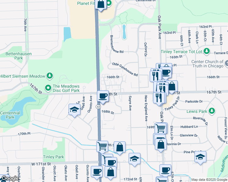 map of restaurants, bars, coffee shops, grocery stores, and more near 16710 West Wind Court in Tinley Park