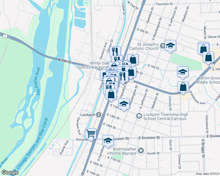 map of restaurants, bars, coffee shops, grocery stores, and more near 1101 South State Street in Lockport