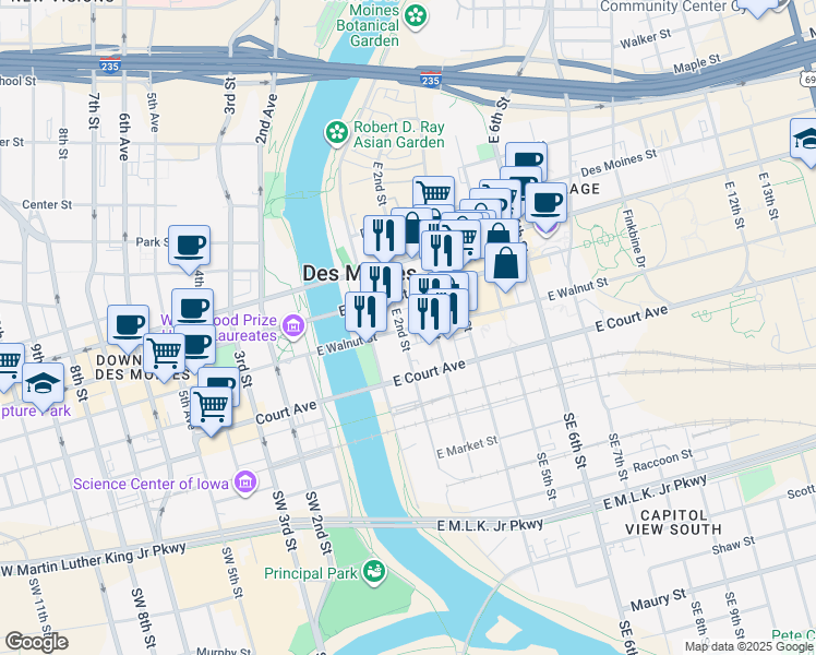 map of restaurants, bars, coffee shops, grocery stores, and more near 107 East Walnut Street in Des Moines