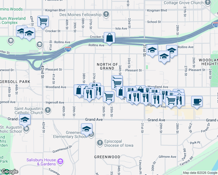 map of restaurants, bars, coffee shops, grocery stores, and more near 626 35th Street in Des Moines