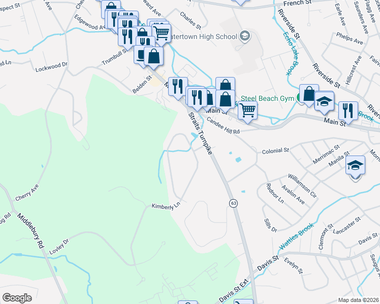 map of restaurants, bars, coffee shops, grocery stores, and more near 27 Pond View Drive in Watertown