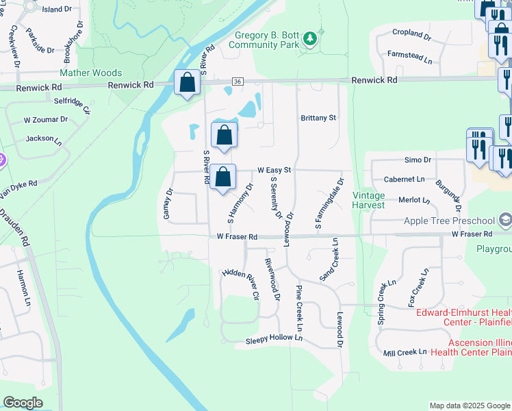 map of restaurants, bars, coffee shops, grocery stores, and more near 24652 East Pleasant Court in Plainfield