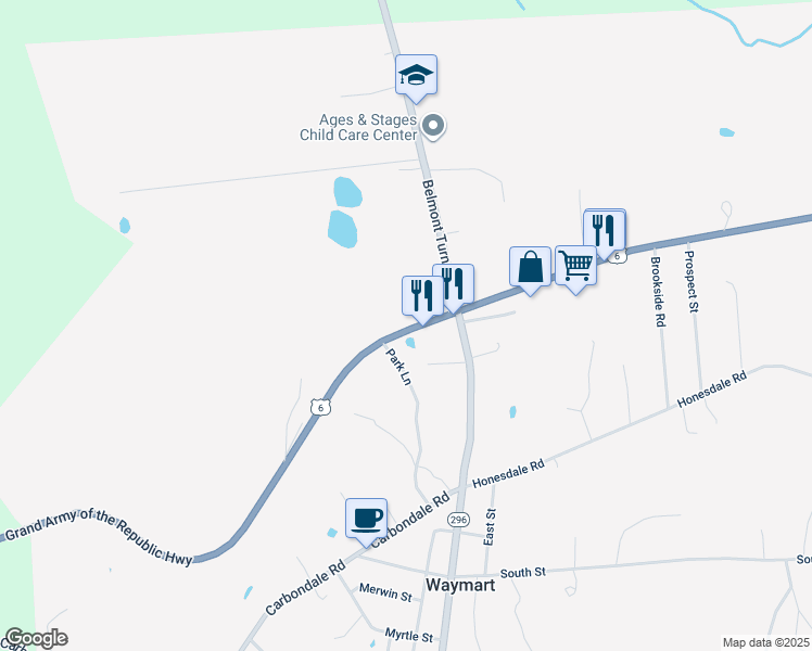 map of restaurants, bars, coffee shops, grocery stores, and more near 2-14 Park Ln in Waymart
