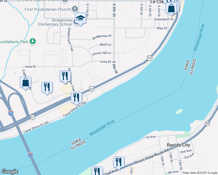 map of restaurants, bars, coffee shops, grocery stores, and more near 788-1084 Canal Shore Drive Southwest in Le Claire