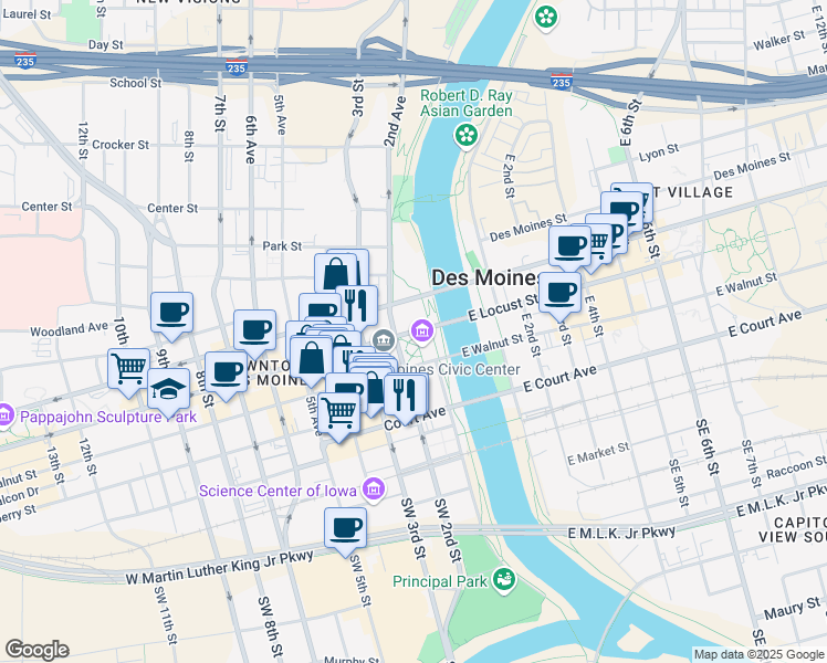 map of restaurants, bars, coffee shops, grocery stores, and more near 108 East Locust Street in Des Moines