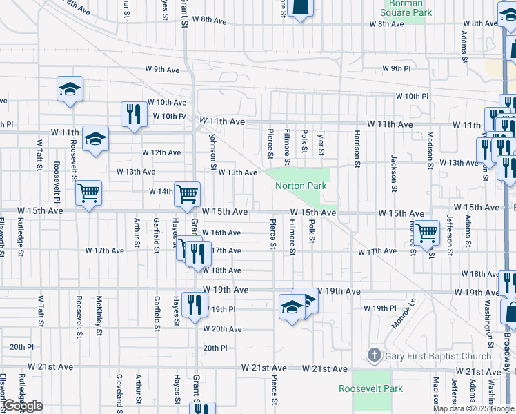 map of restaurants, bars, coffee shops, grocery stores, and more near 1237 W 15th Ave in Gary