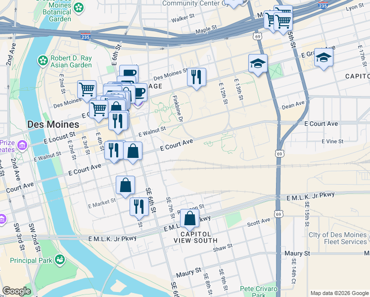 map of restaurants, bars, coffee shops, grocery stores, and more near 855 East Court Avenue in Des Moines