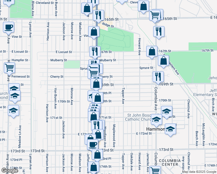 map of restaurants, bars, coffee shops, grocery stores, and more near 845 169th Place in Hammond