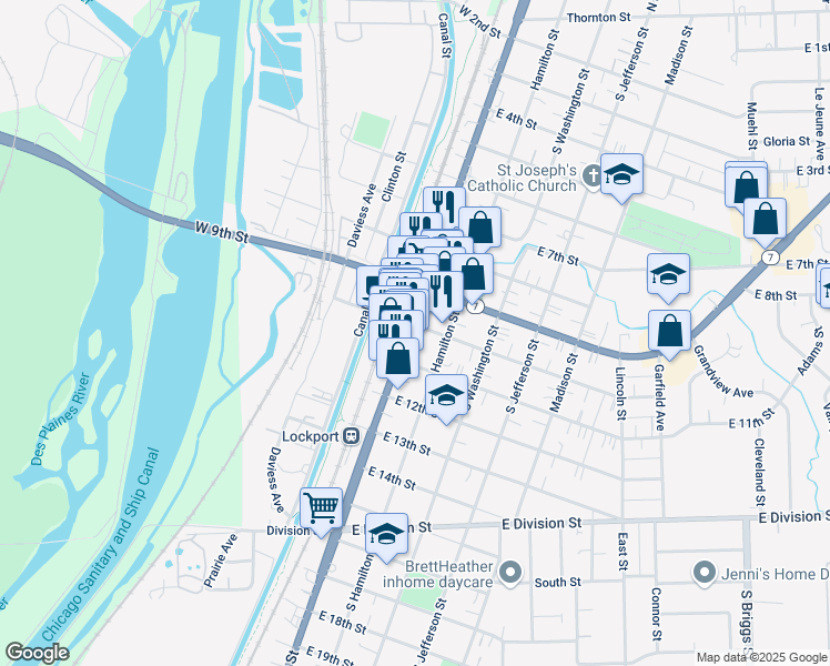 map of restaurants, bars, coffee shops, grocery stores, and more near 118 East 11th Street in Lockport
