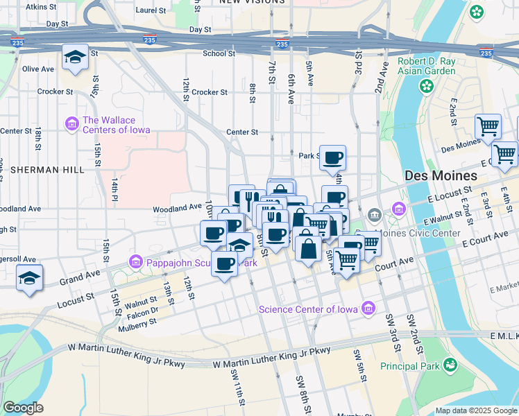 map of restaurants, bars, coffee shops, grocery stores, and more near 711 High Street in Des Moines