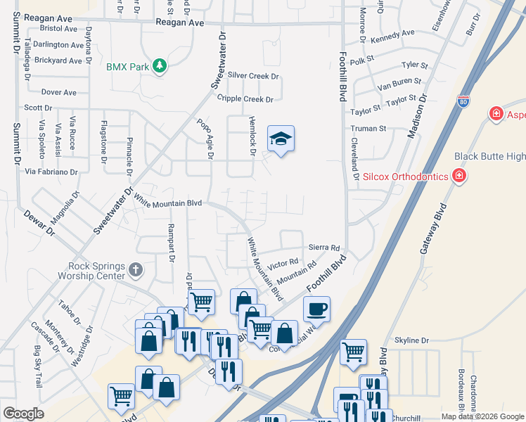 map of restaurants, bars, coffee shops, grocery stores, and more near 924 Divide St in Rock Springs