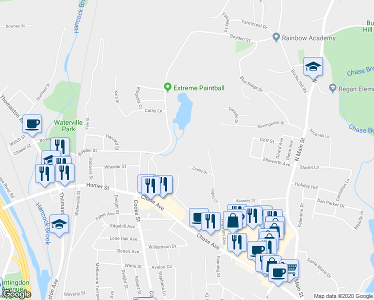 map of restaurants, bars, coffee shops, grocery stores, and more near 79 Zuella Drive in Waterbury