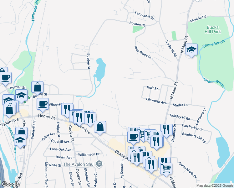 map of restaurants, bars, coffee shops, grocery stores, and more near 197 Judith Lane in Waterbury