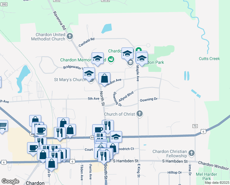 map of restaurants, bars, coffee shops, grocery stores, and more near 99 Allynd Boulevard in Chardon