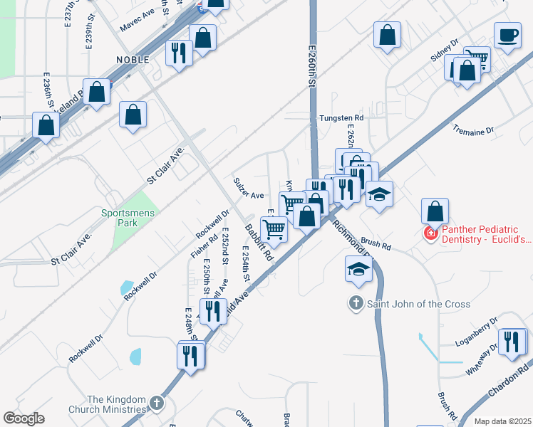 map of restaurants, bars, coffee shops, grocery stores, and more near 1554 East 256th Street in Euclid
