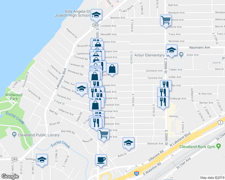 map of restaurants, bars, coffee shops, grocery stores, and more near 18801 Muskoka Avenue in Cleveland