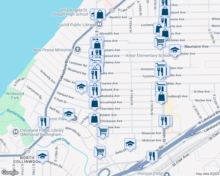 map of restaurants, bars, coffee shops, grocery stores, and more near 18801 Muskoka Avenue in Cleveland