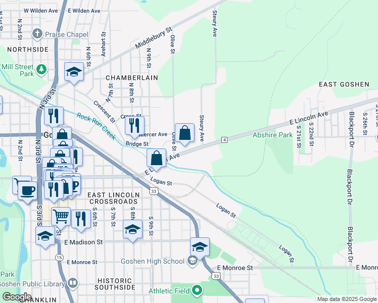 map of restaurants, bars, coffee shops, grocery stores, and more near 714 East Lincoln Avenue in Goshen