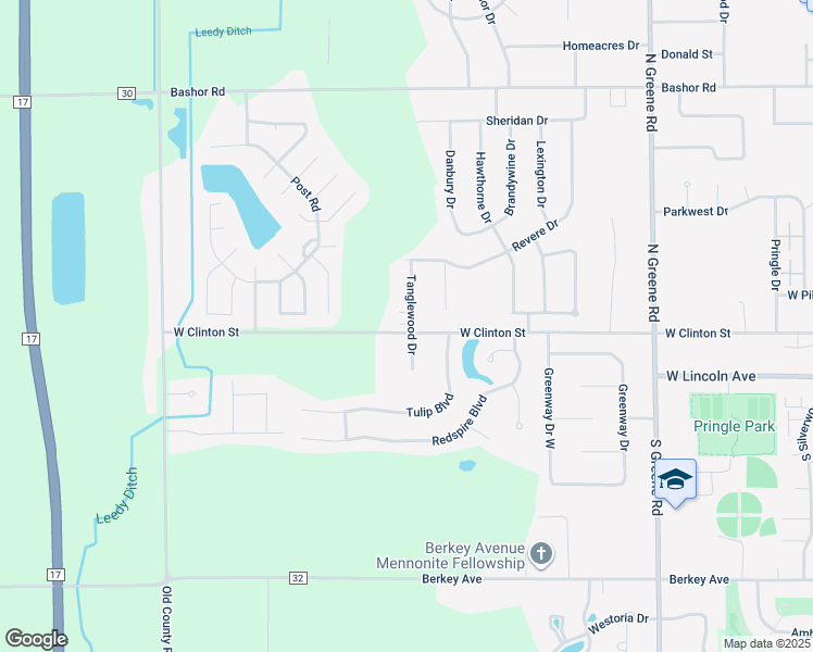 map of restaurants, bars, coffee shops, grocery stores, and more near 130 Watertower Court in Goshen