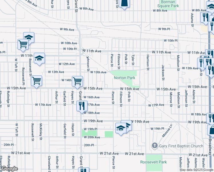 map of restaurants, bars, coffee shops, grocery stores, and more near 1237 W 15th Ave in Gary