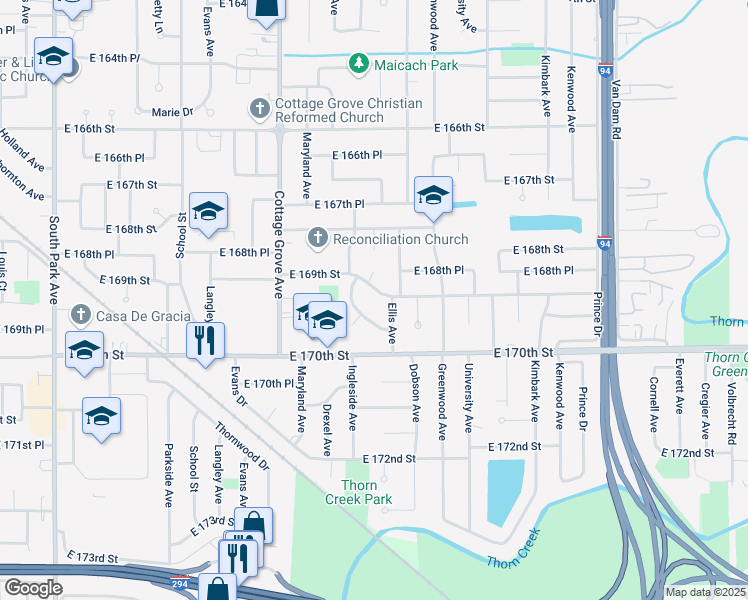 map of restaurants, bars, coffee shops, grocery stores, and more near 16934 Ingleside Avenue in South Holland