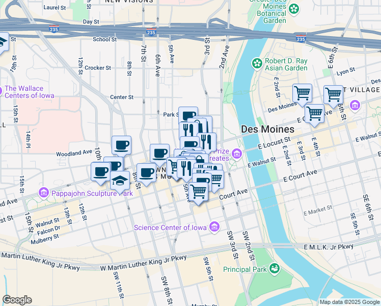 map of restaurants, bars, coffee shops, grocery stores, and more near 401 Locust Street in Des Moines