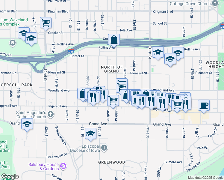 map of restaurants, bars, coffee shops, grocery stores, and more near 626 35th Street in Des Moines