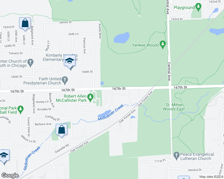 map of restaurants, bars, coffee shops, grocery stores, and more near 16713 Lakewood Drive in Tinley Park