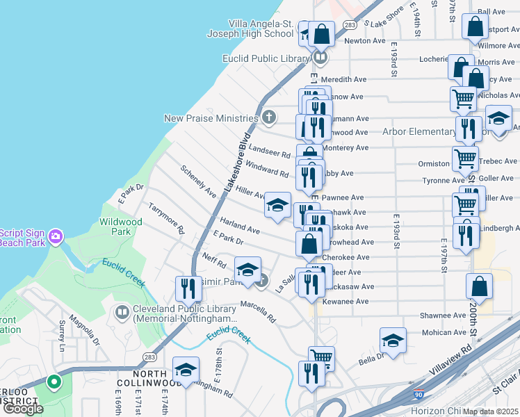 map of restaurants, bars, coffee shops, grocery stores, and more near 18020 Schenely Avenue in Cleveland