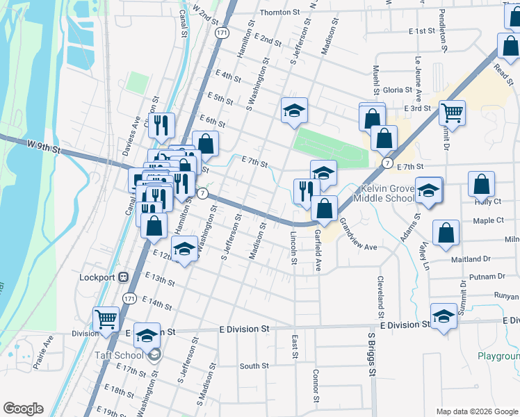 map of restaurants, bars, coffee shops, grocery stores, and more near 904 Madison Street in Lockport