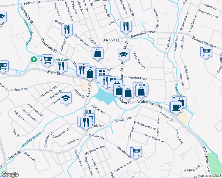 map of restaurants, bars, coffee shops, grocery stores, and more near 235 Main Street in Watertown