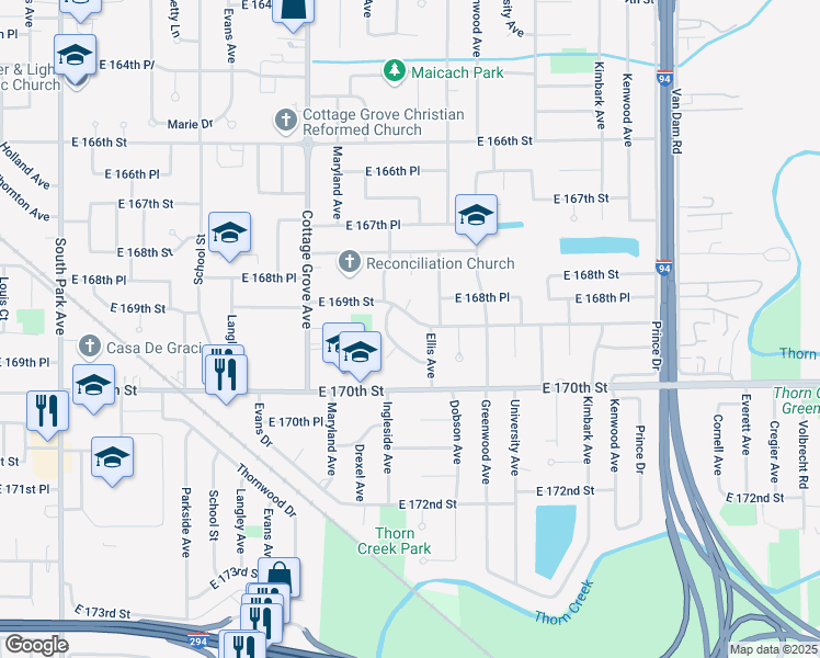 map of restaurants, bars, coffee shops, grocery stores, and more near 16934 Ingleside Avenue in South Holland