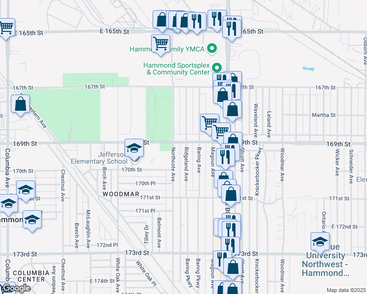 map of restaurants, bars, coffee shops, grocery stores, and more near 6910 Ridgeland Avenue in Hammond