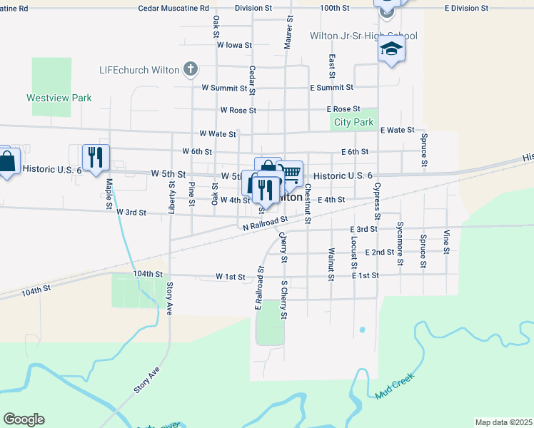 map of restaurants, bars, coffee shops, grocery stores, and more near 310 Cedar Street in Wilton