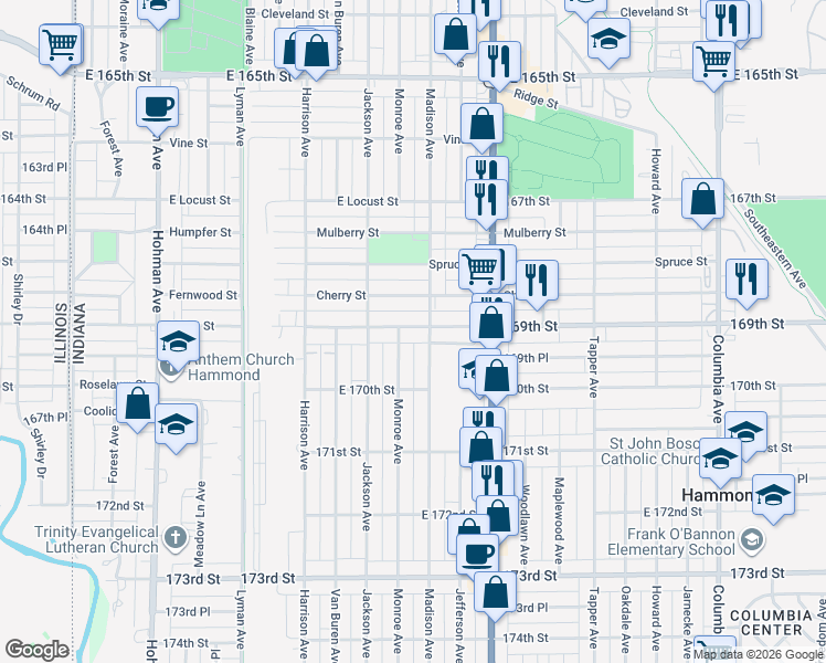 map of restaurants, bars, coffee shops, grocery stores, and more near 6920 Madison Avenue in Hammond