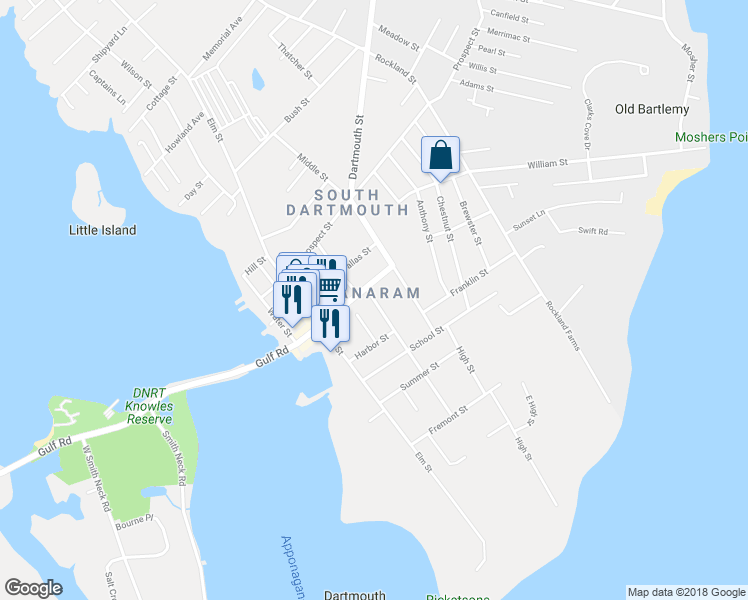 map of restaurants, bars, coffee shops, grocery stores, and more near 47 Pleasant Street in Dartmouth