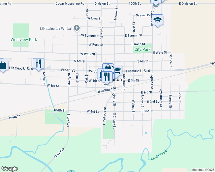 map of restaurants, bars, coffee shops, grocery stores, and more near 310 Cedar Street in Wilton