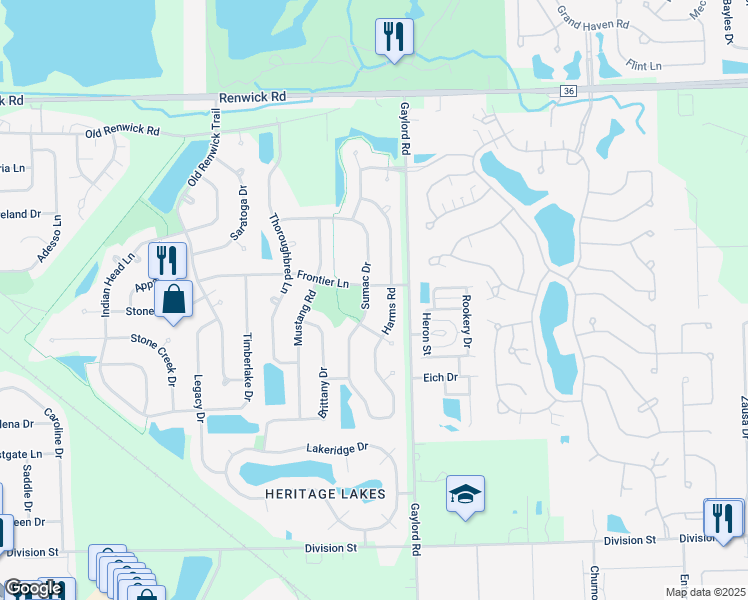 map of restaurants, bars, coffee shops, grocery stores, and more near 3601 Harms Road in Joliet